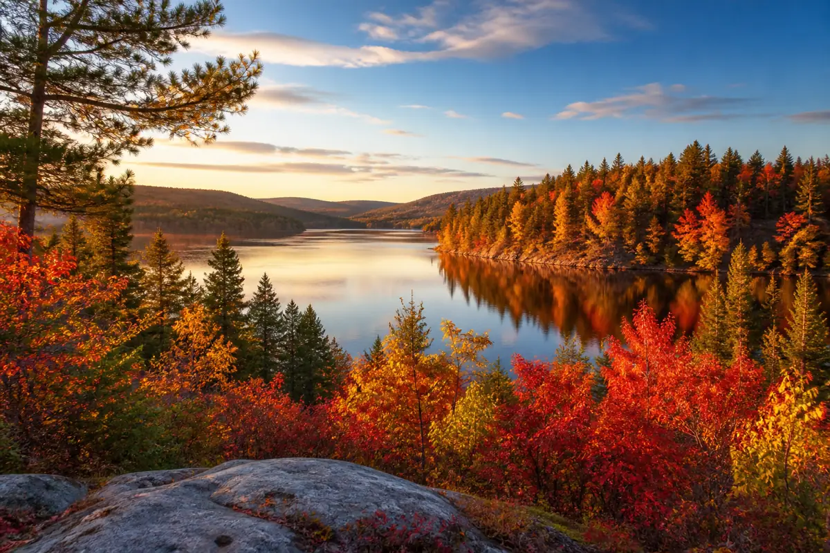 Autumn maple forest and lake in Canada