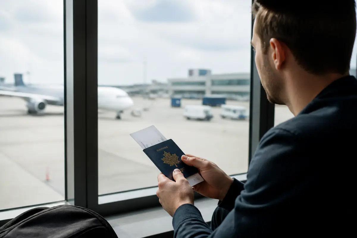 Traveler with passport preparing for a trip to Canada